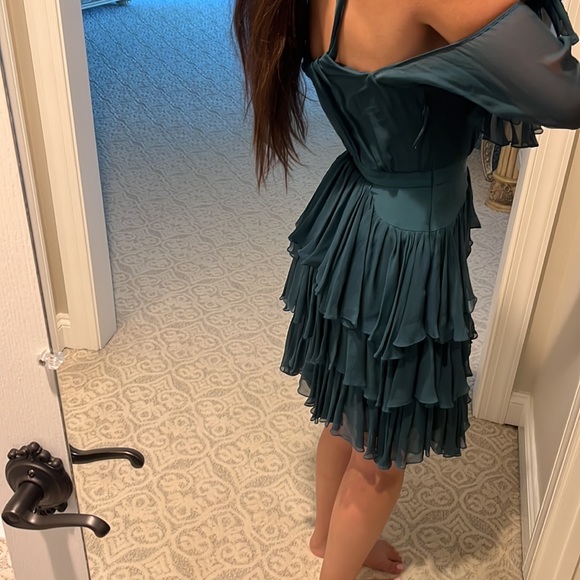 Cinq a Sept Ruffled Emerald Green Dress with shelves Chiffon - Picture 3 of 7